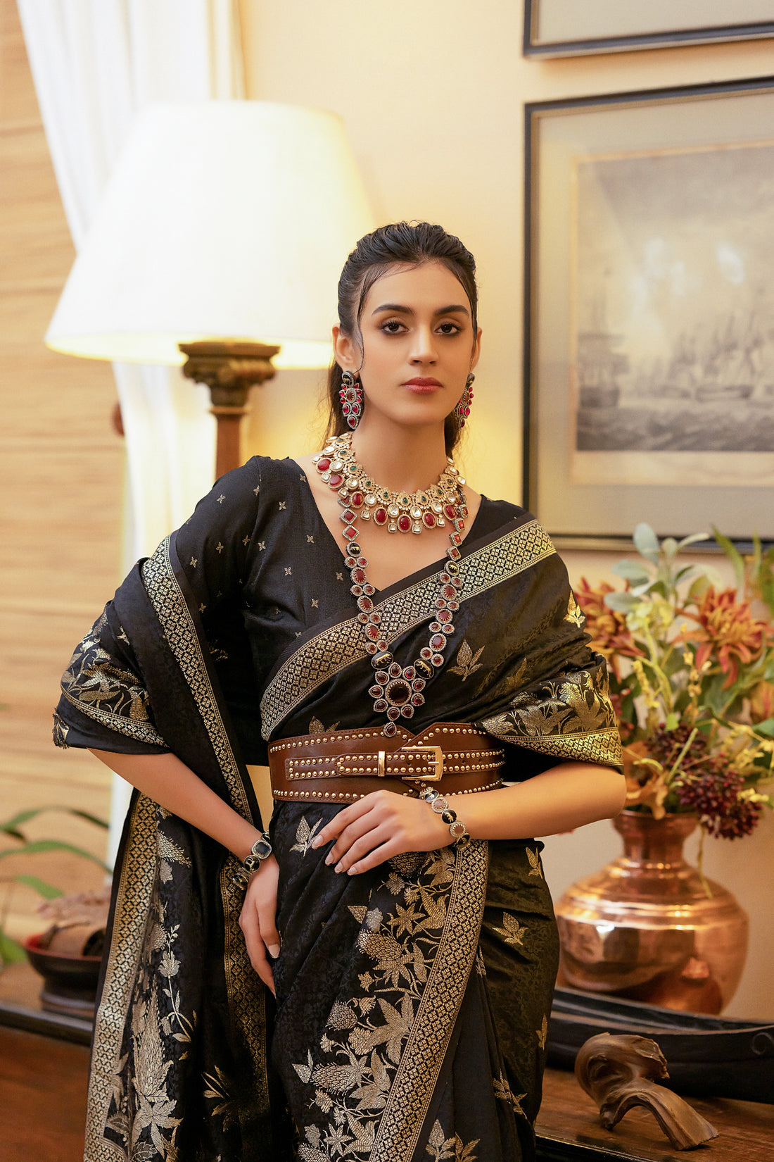 Black Satin Silk Saree with Intricate Zari Weaving and Satin Silk Blouse