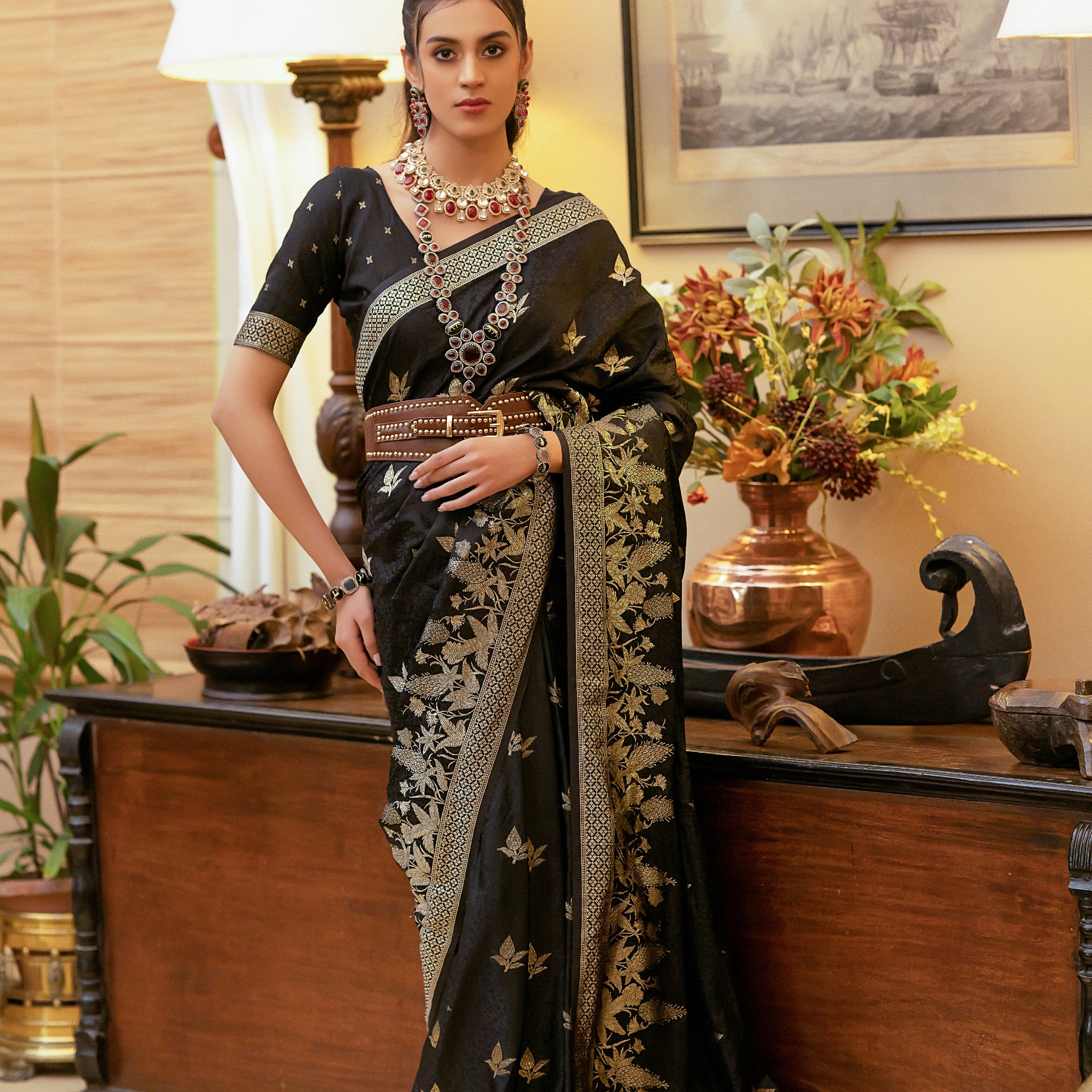 Black Satin Silk Saree with Intricate Zari Weaving and Satin Silk Blouse