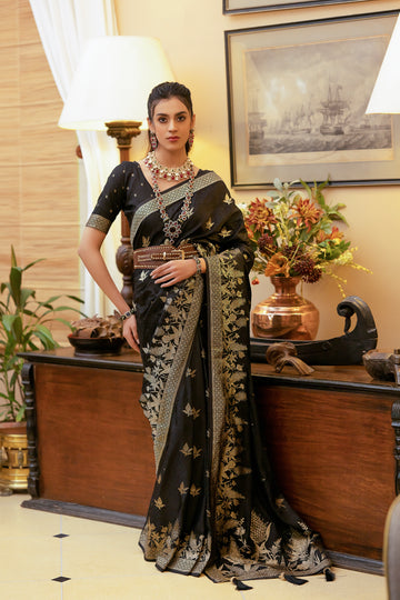 Black Satin Silk Saree with Intricate Zari Weaving and Satin Silk Blouse