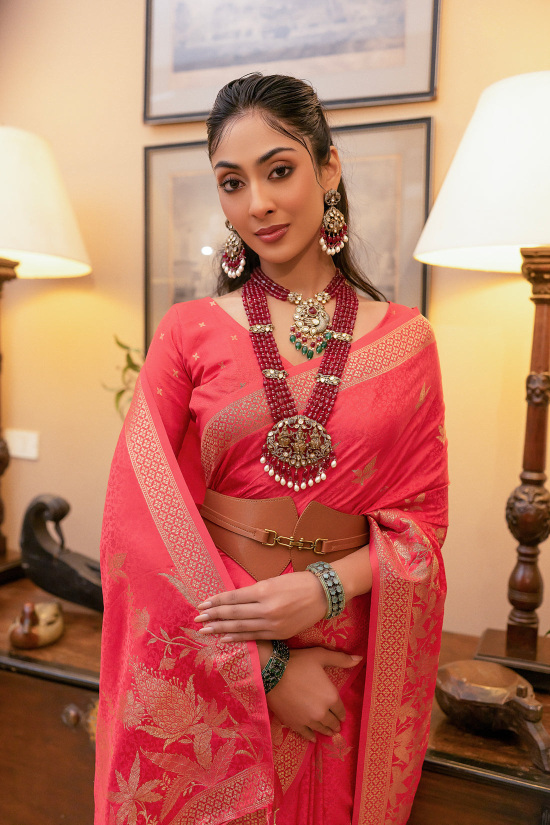 Coral Red Satin Silk Saree with Intricate Zari Weaving and Satin Silk Blouse