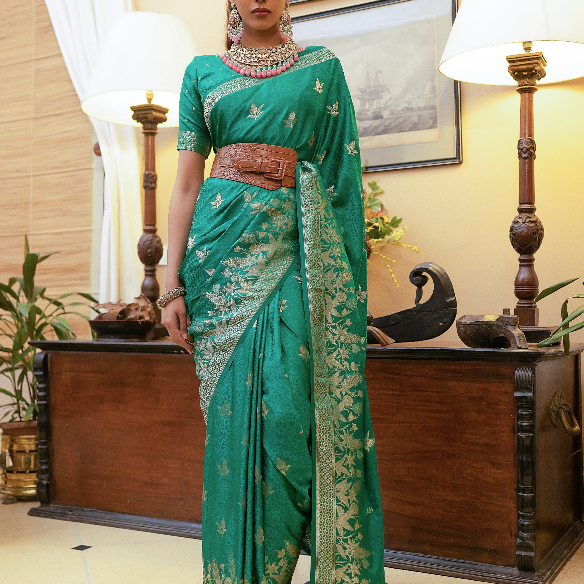 Green Satin Silk Saree with Intricate Zari Weaving and Satin Silk Blouse