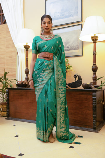 Green Satin Silk Saree with Intricate Zari Weaving and Satin Silk Blouse