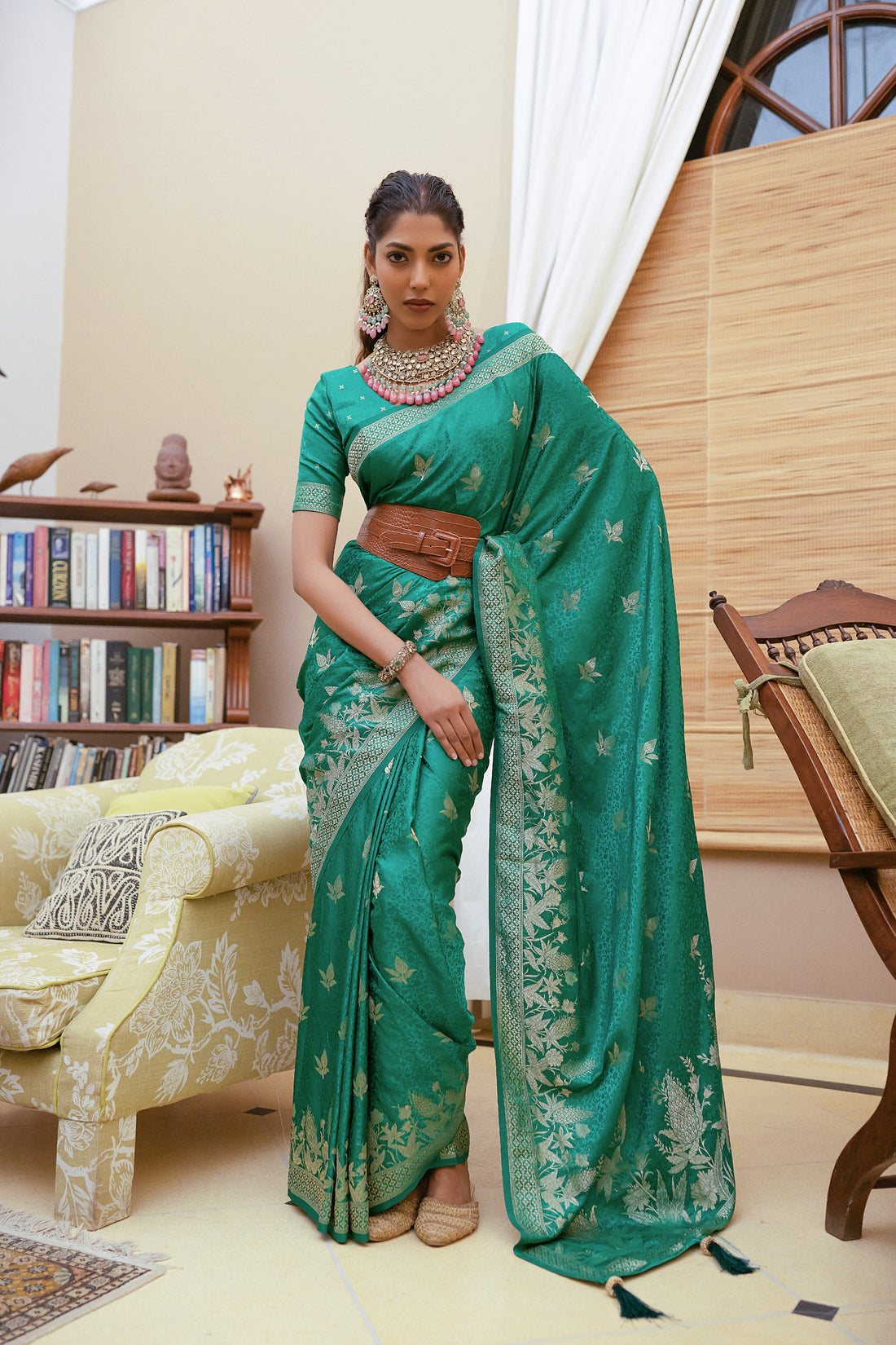 Green Satin Silk Saree with Intricate Zari Weaving and Satin Silk Blouse