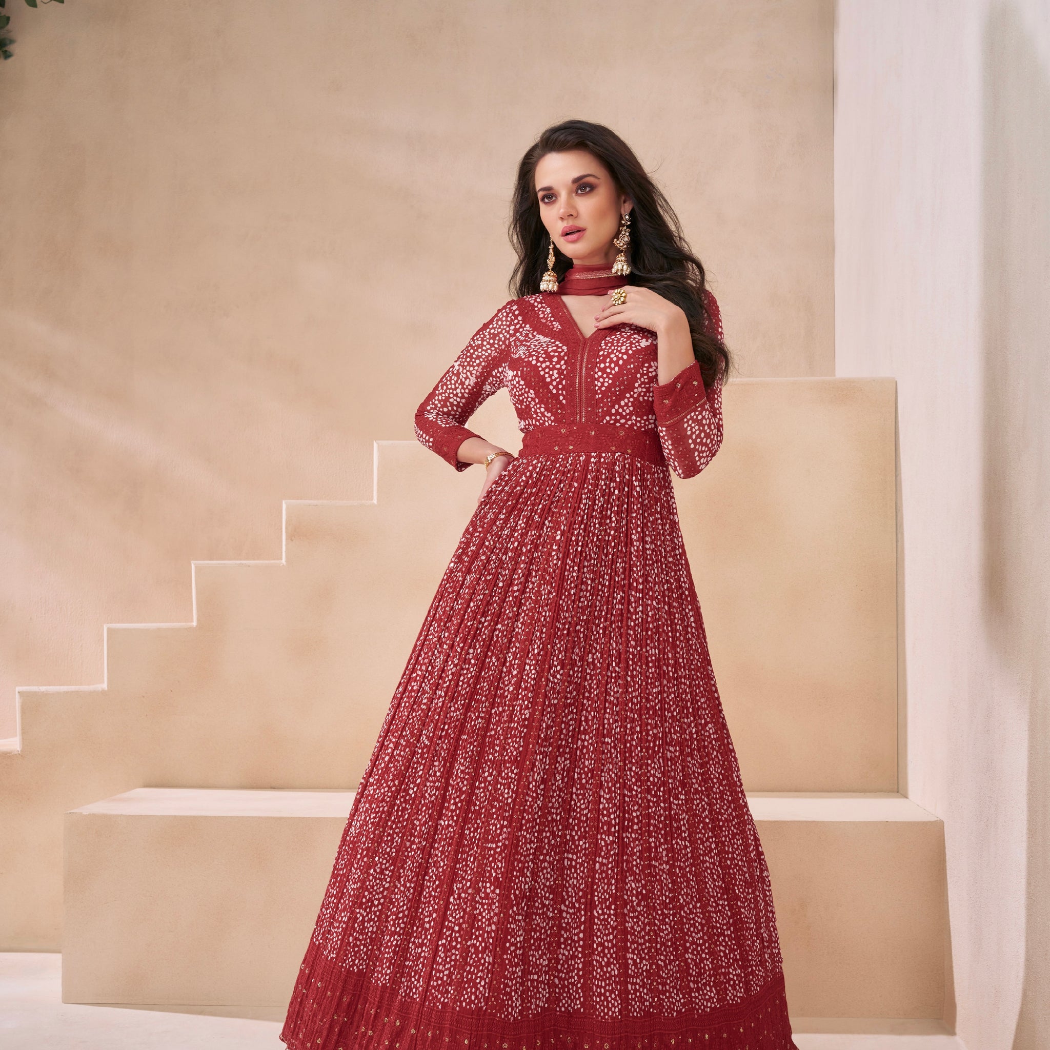 Deep Red Georgette Anarkali Suit with Net Dupatta