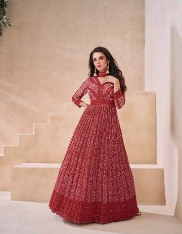 Deep Red Georgette Anarkali Suit with Net Dupatta