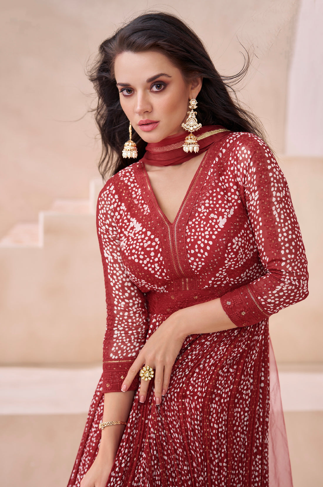 Deep Red Georgette Anarkali Suit with Net Dupatta