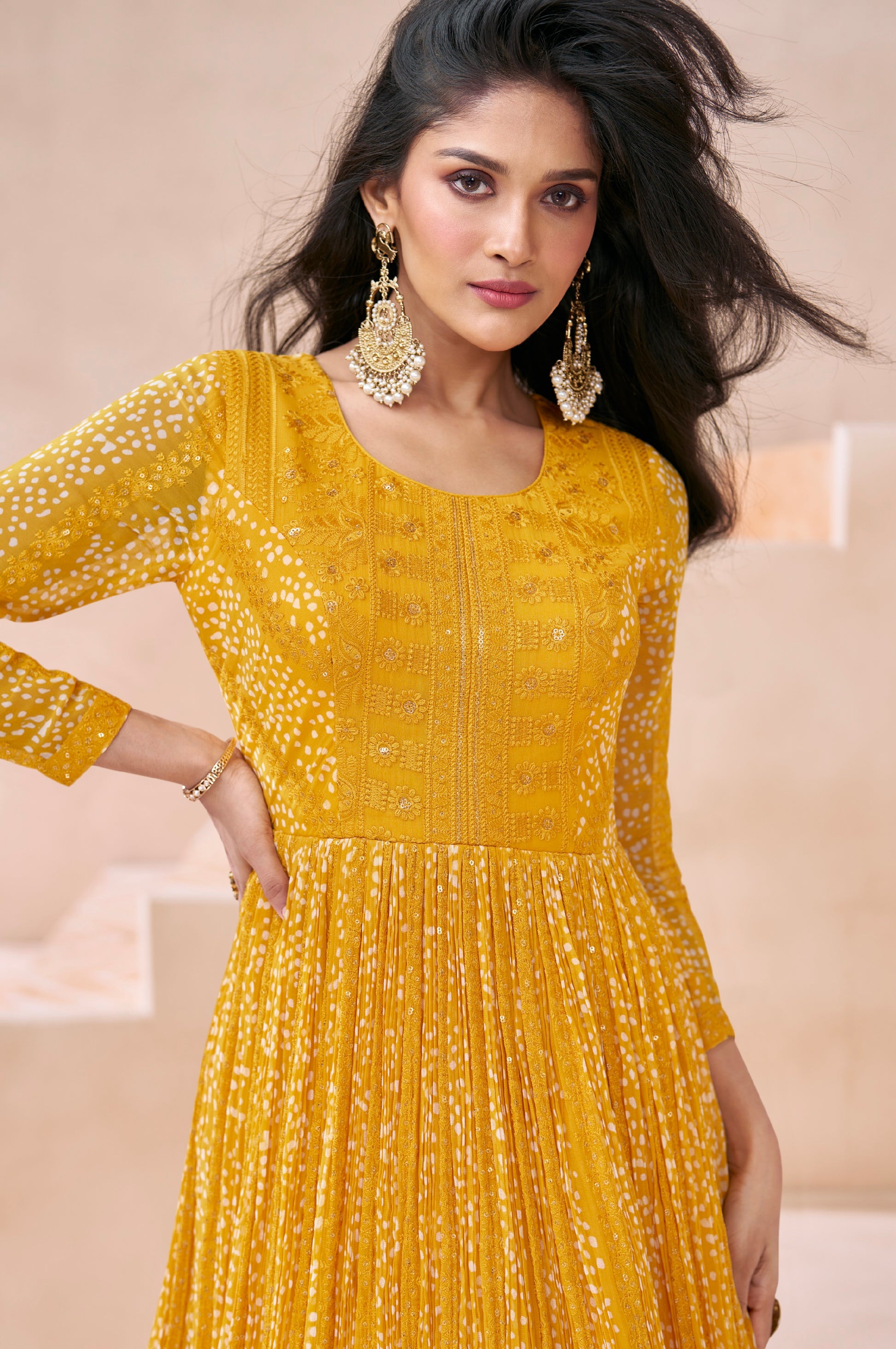 Mustard Yellow Georgette Anarkali Suit with Net Dupatta