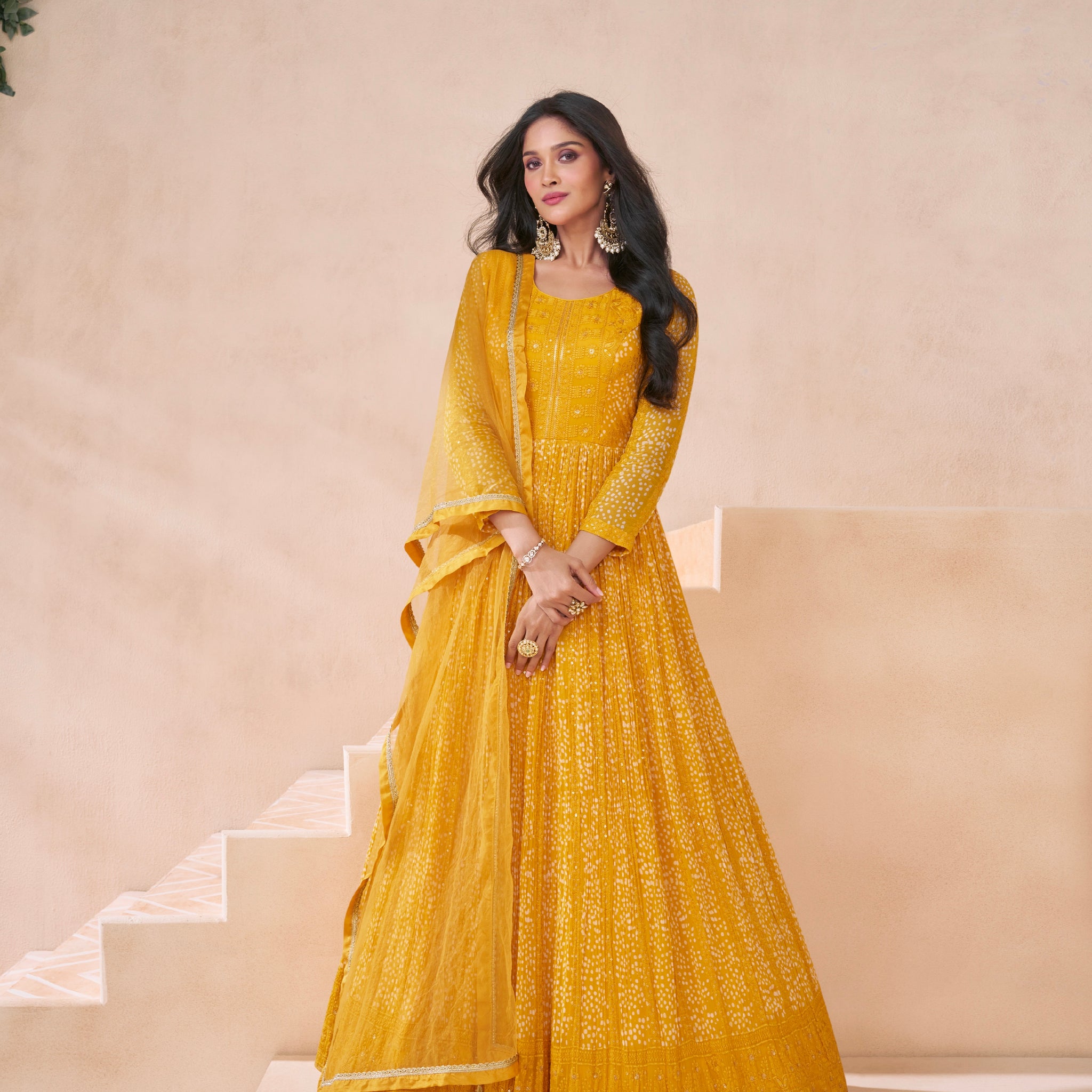 Mustard Yellow Georgette Anarkali Suit with Net Dupatta