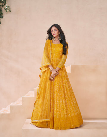 Mustard Yellow Georgette Anarkali Suit with Net Dupatta