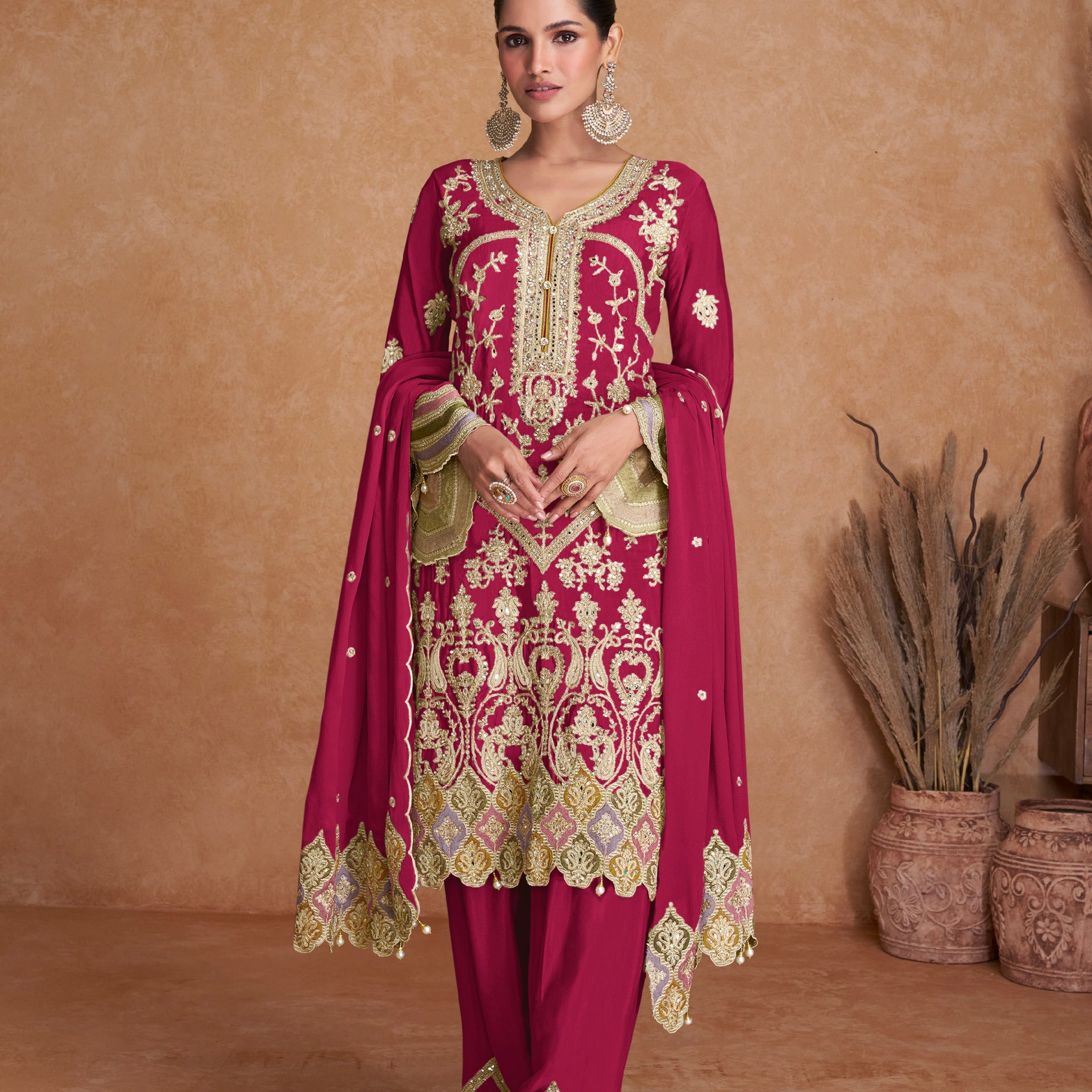 Deep Magenta Real Chinon Palazzo Suit with Embroidered Dupatta