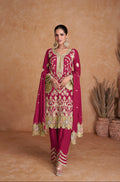 Deep Magenta Real Chinon Palazzo Suit with Embroidered Dupatta