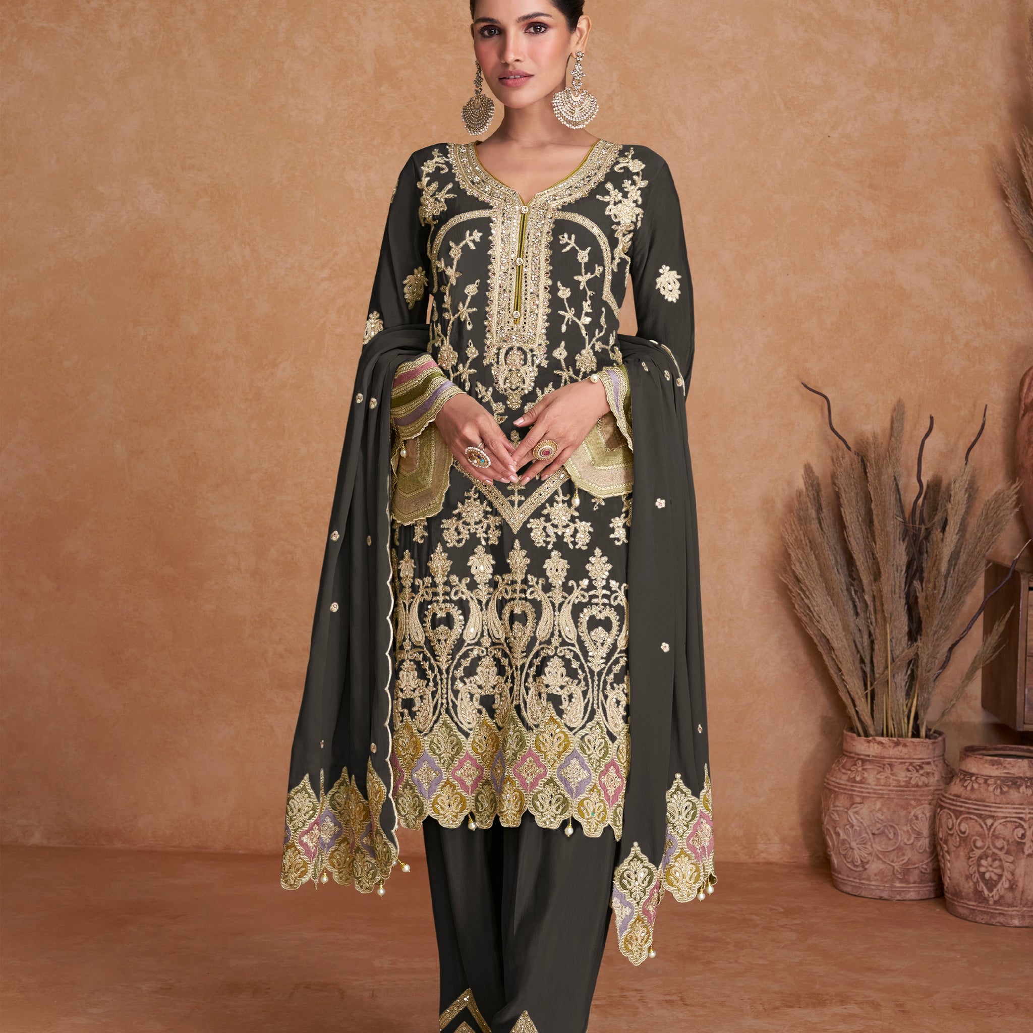 Black Real Chinon Palazzo Suit with Gold Embroidered Dupatta