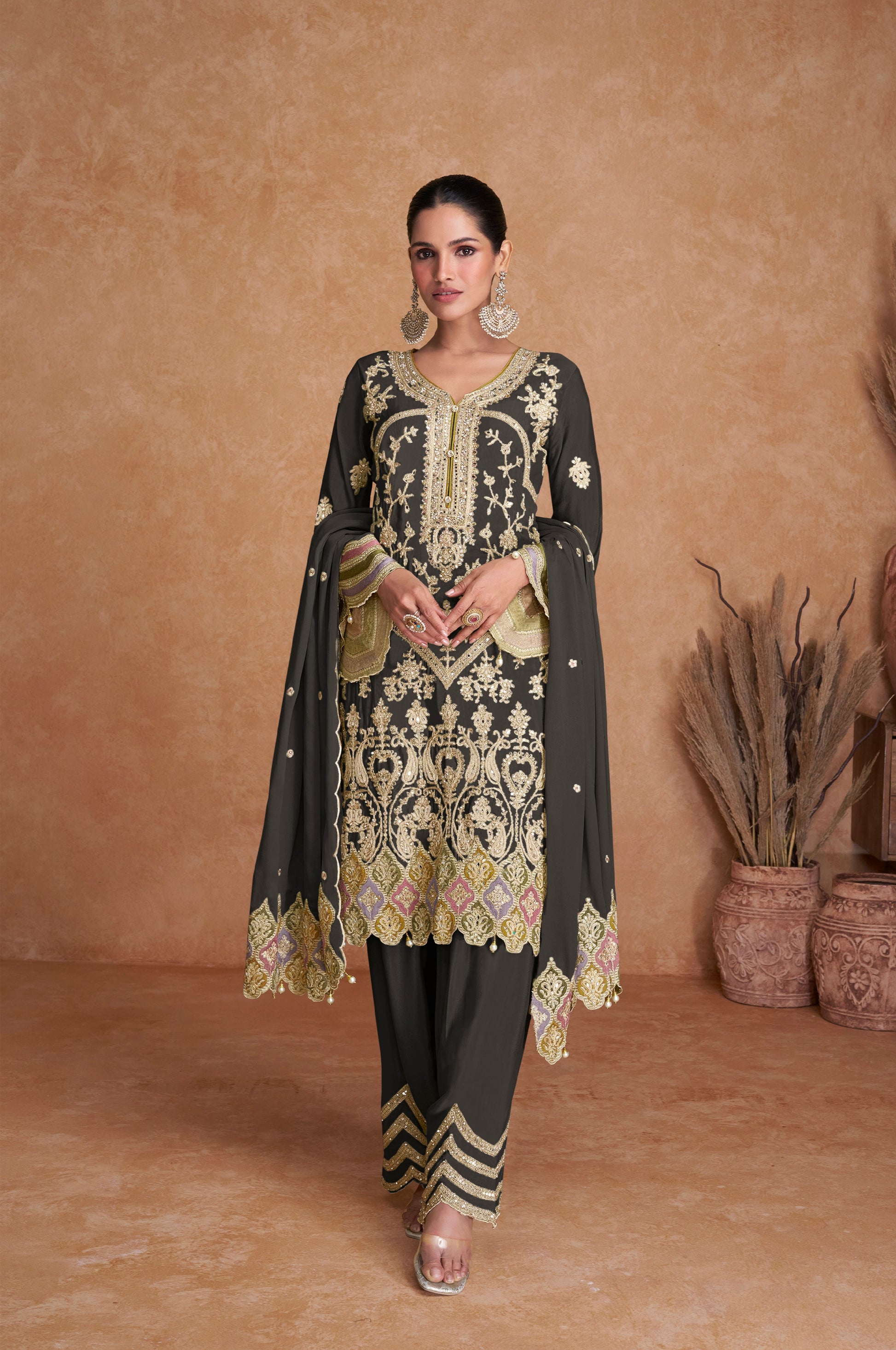 Black Real Chinon Palazzo Suit with Gold Embroidered Dupatta