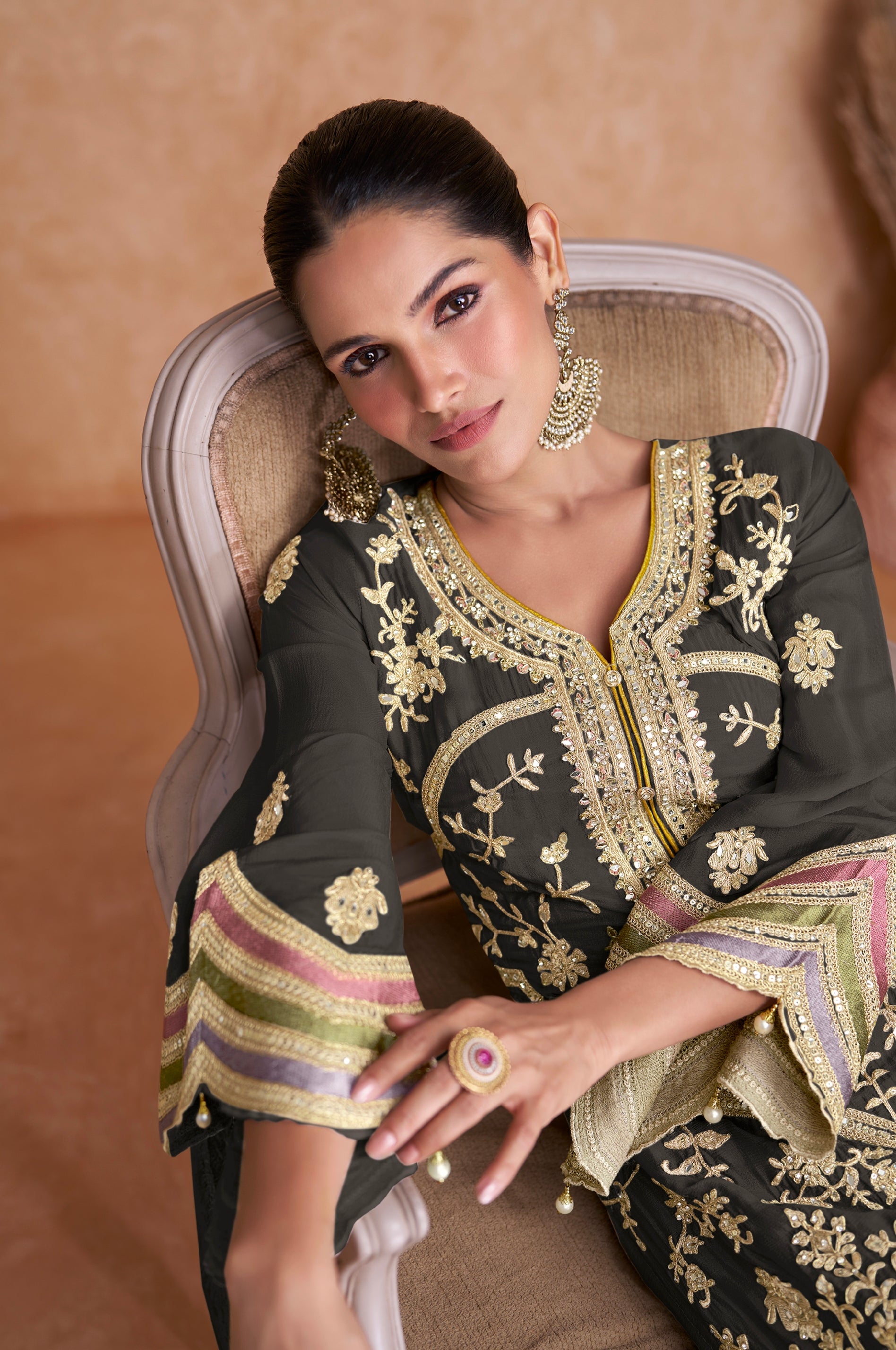 Black Real Chinon Palazzo Suit with Gold Embroidered Dupatta