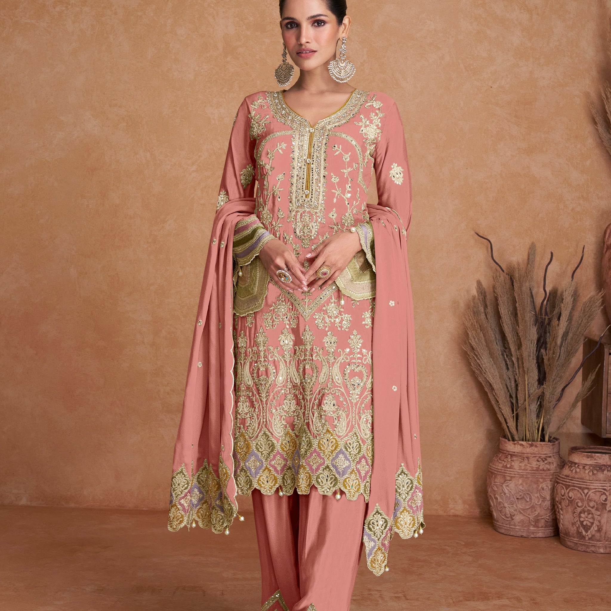 Peach Real Chinon Palazzo Suit with Embroidered Dupatta