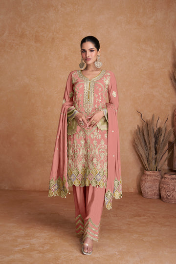 Peach Real Chinon Palazzo Suit with Embroidered Dupatta