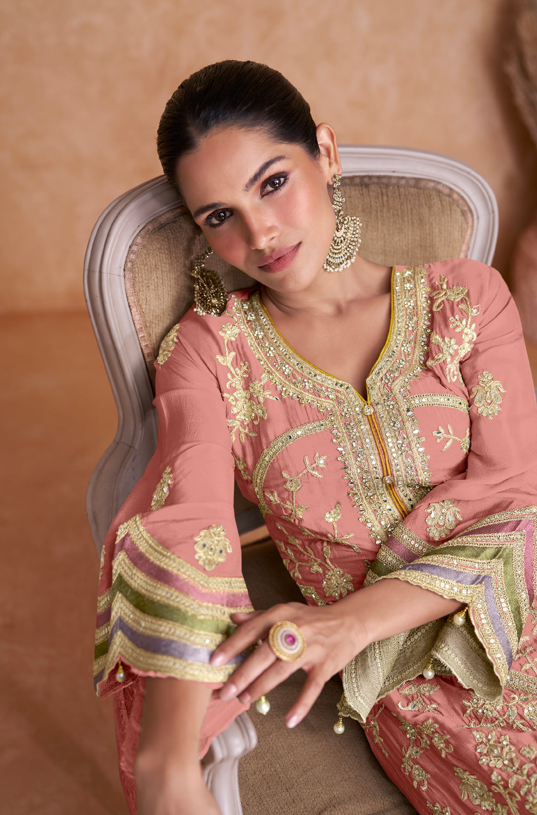 Peach Real Chinon Palazzo Suit with Embroidered Dupatta