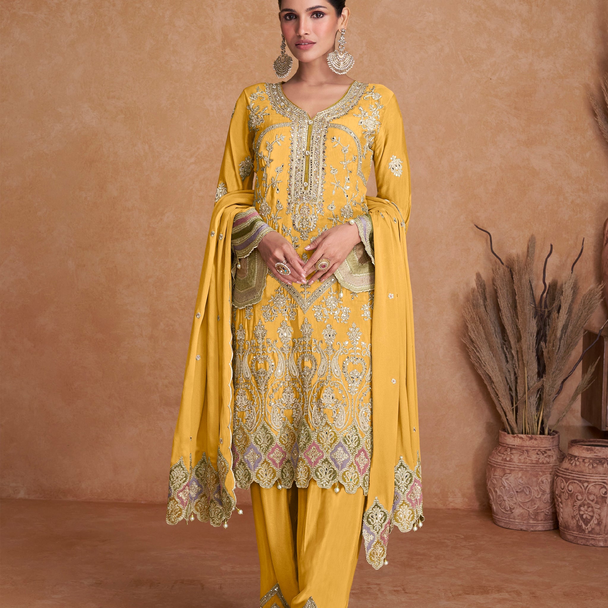 Mustard Yellow Real Chinon Palazzo Suit with Embroidered Dupatta