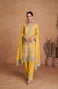 Mustard Yellow Real Chinon Palazzo Suit with Embroidered Dupatta