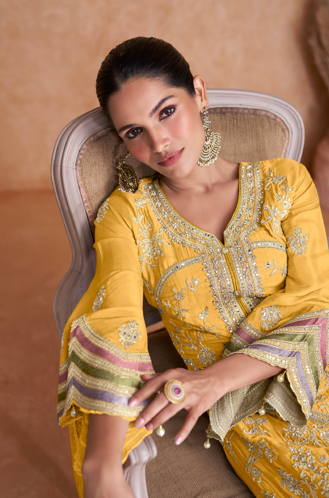 Mustard Yellow Real Chinon Palazzo Suit with Embroidered Dupatta