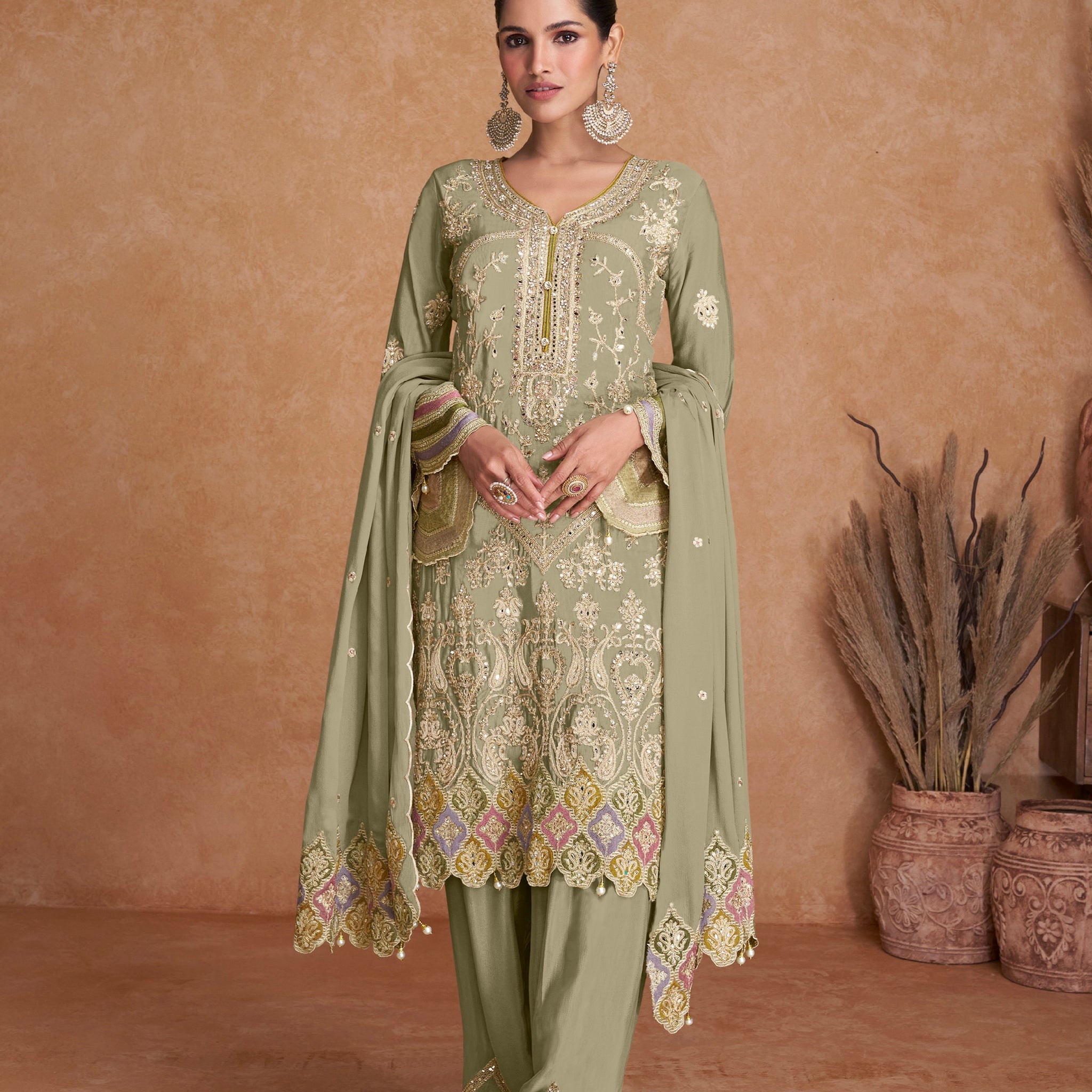 Sage Green Real Chinon Palazzo Suit with Embroidered Dupatta