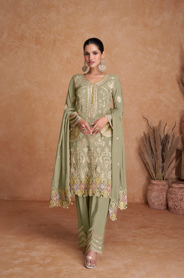 Sage Green Real Chinon Palazzo Suit with Embroidered Dupatta