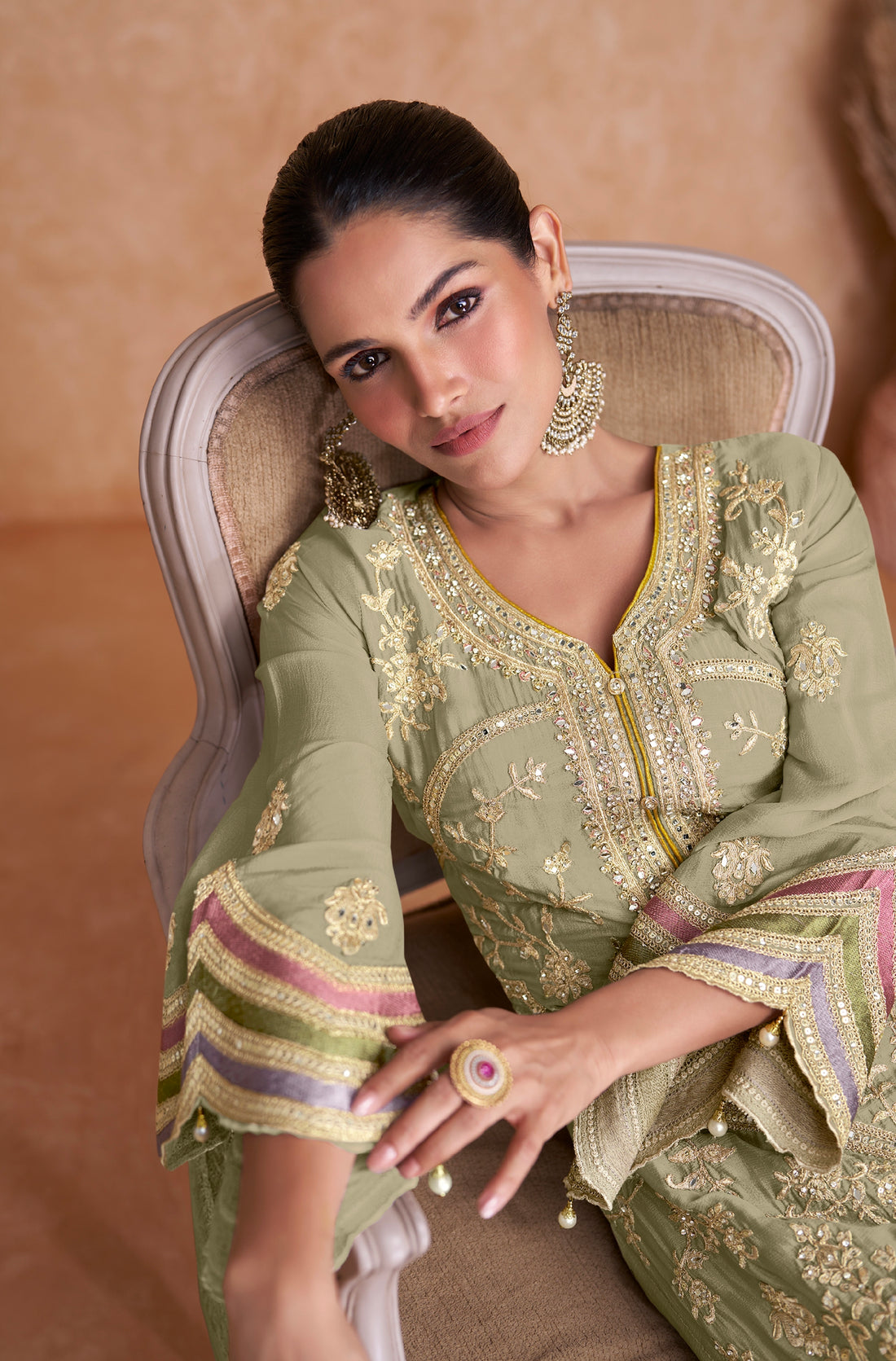 Sage Green Real Chinon Palazzo Suit with Embroidered Dupatta