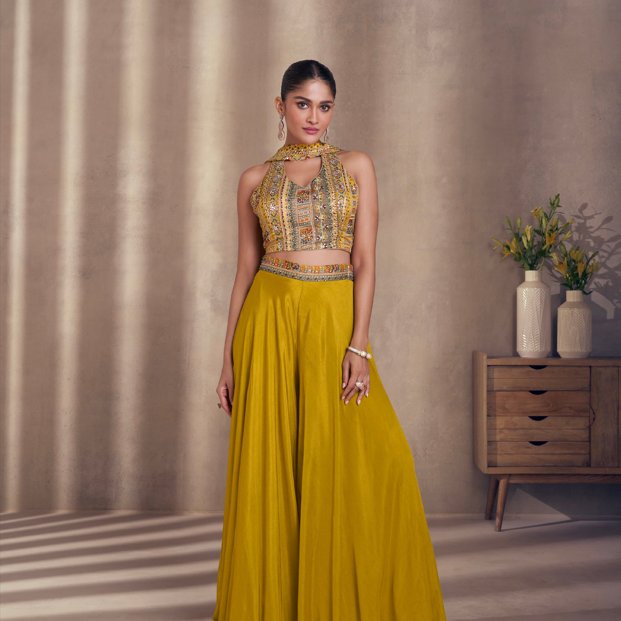 Mustard Yellow Real Chinon Silk Palazzo Suit with Embroidered Top