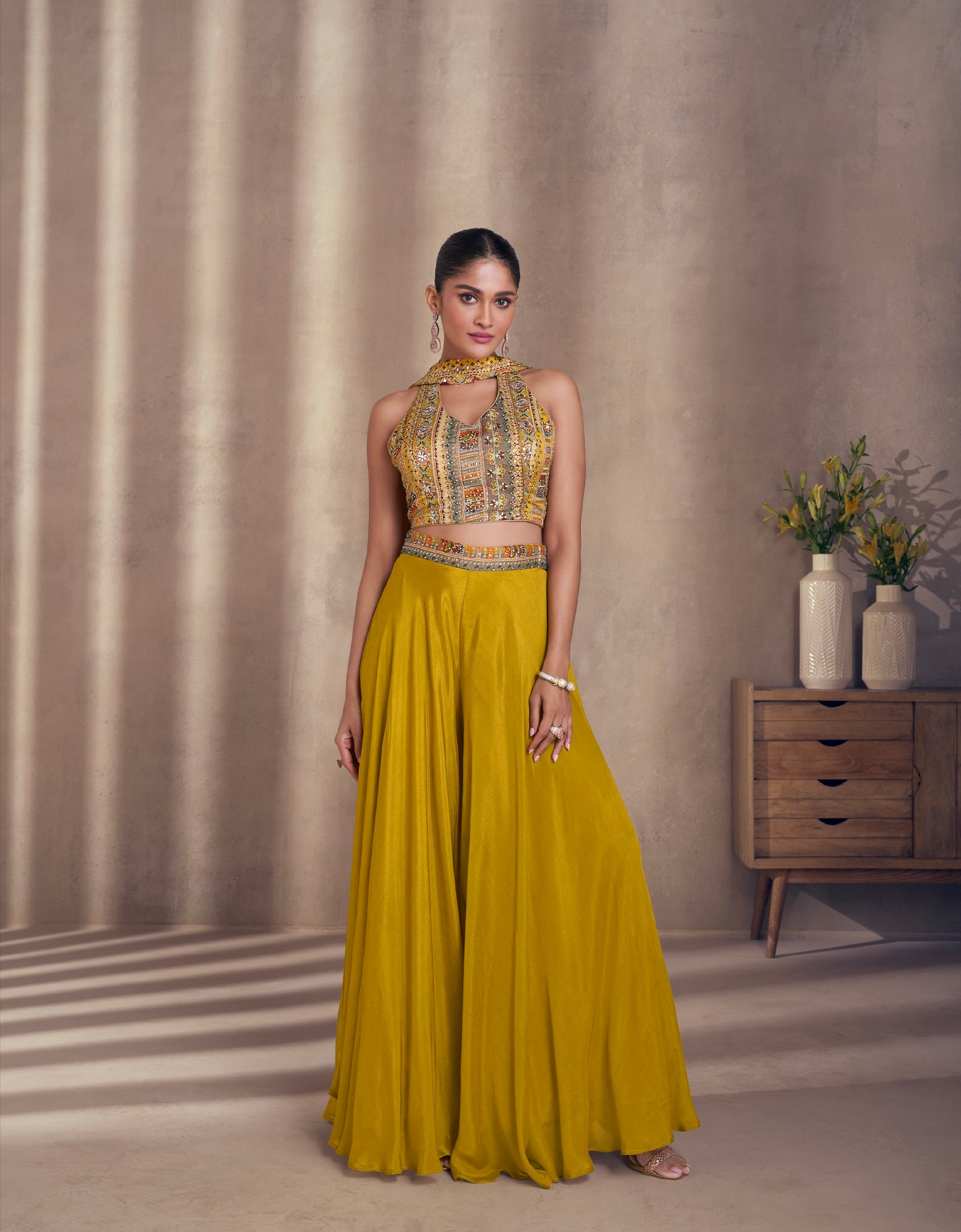 Mustard Yellow Real Chinon Silk Palazzo Suit with Embroidered Top