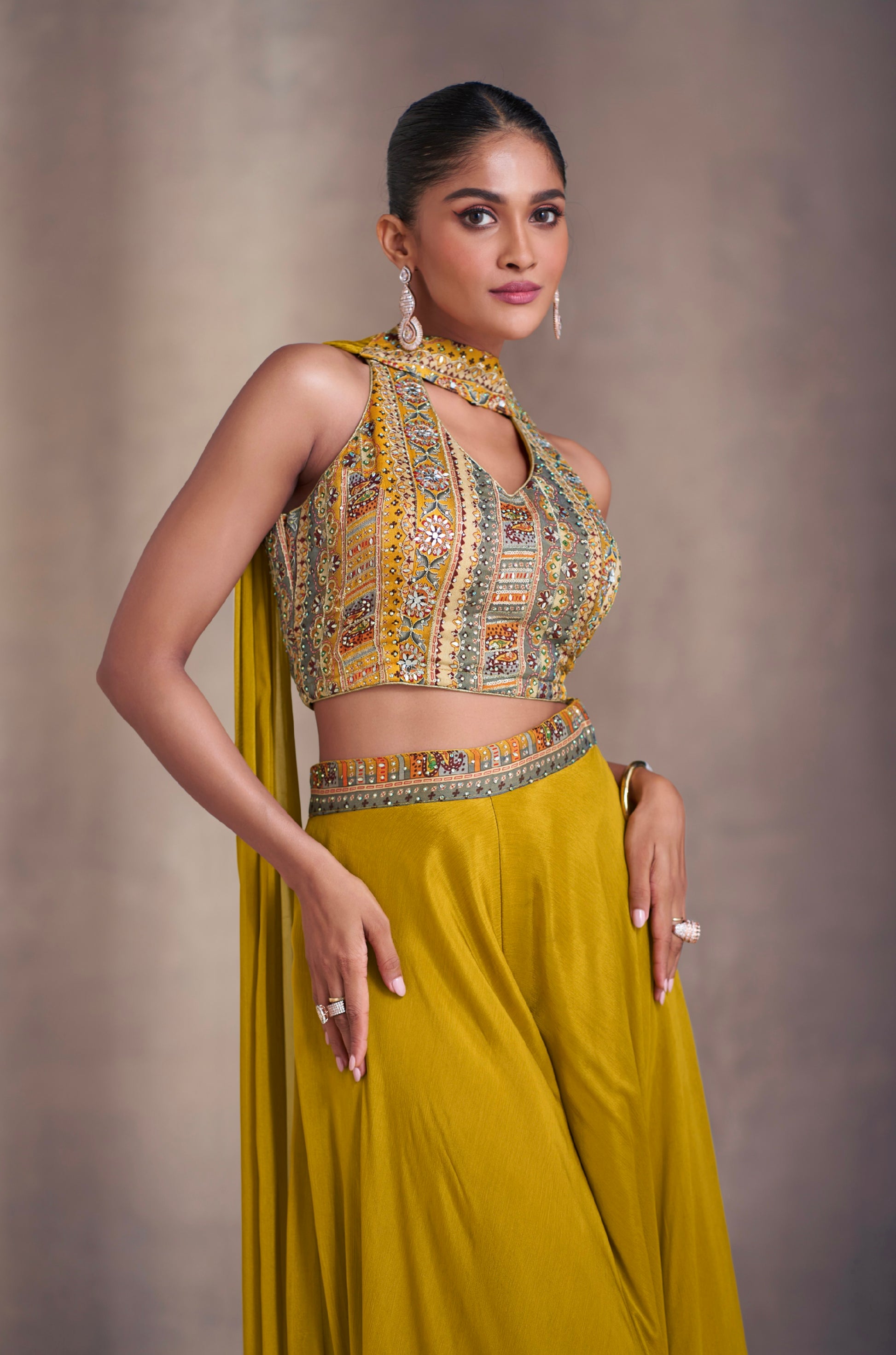 Mustard Yellow Real Chinon Silk Palazzo Suit with Embroidered Top