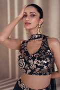 Black Real Chinon Silk Palazzo Suit with Embroidered Halter Top