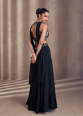 Black Real Chinon Silk Palazzo Suit with Embroidered Halter Top