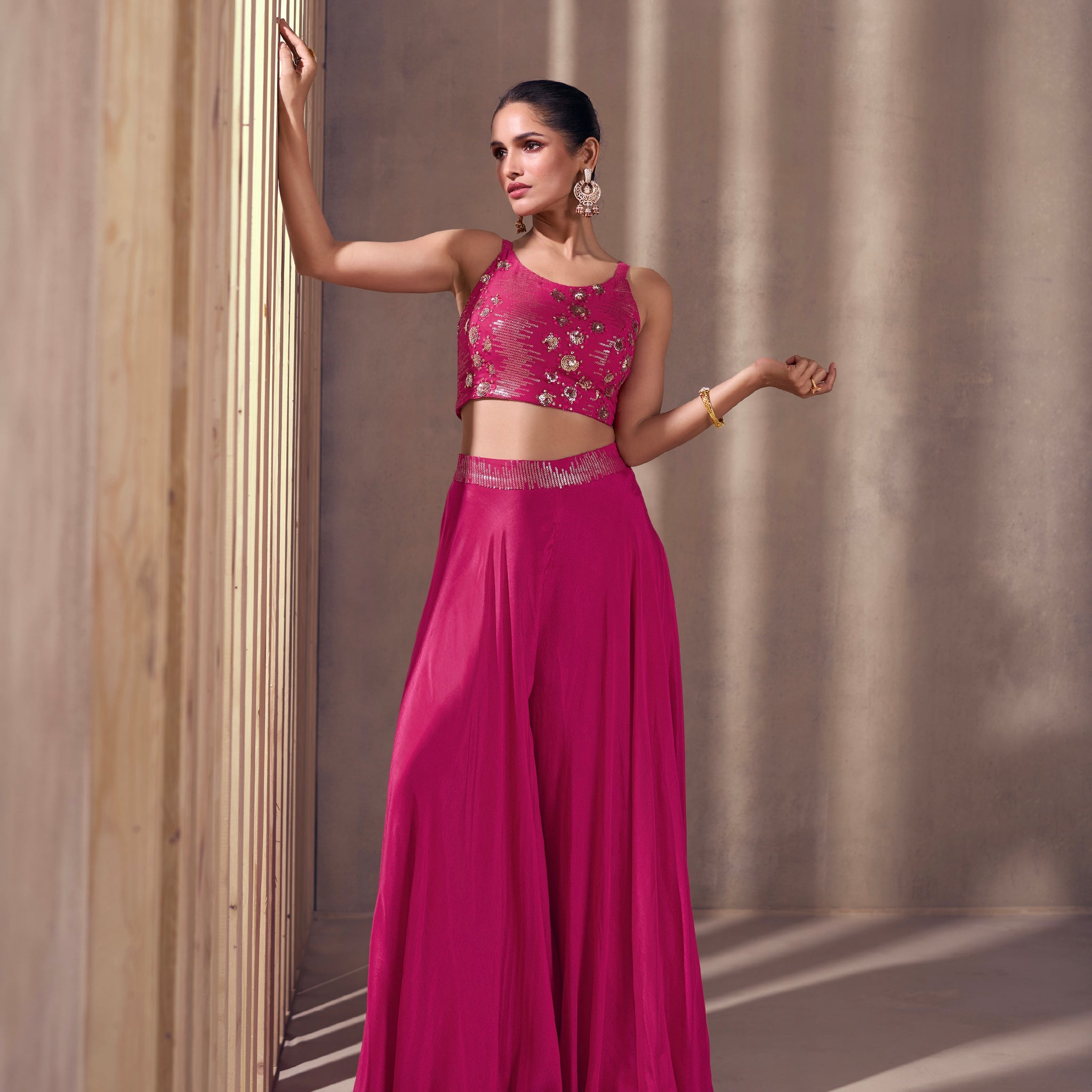 Pink Real Chinon Silk Palazzo Suit with Embroidered Sleeveless Top