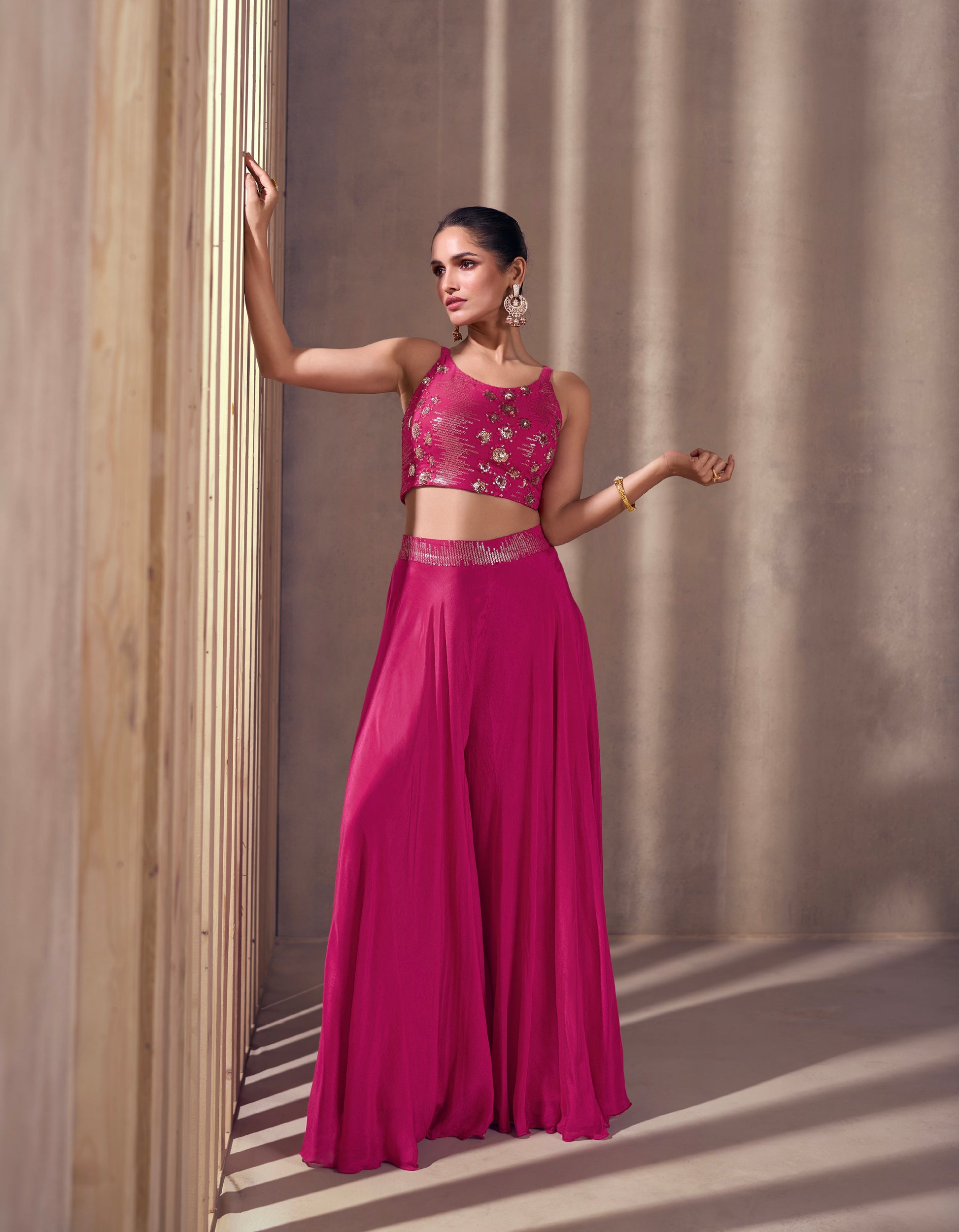 Pink Real Chinon Silk Palazzo Suit with Embroidered Sleeveless Top