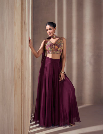 Maroon Real Chinon Silk Palazzo Suit with Embroidered Top