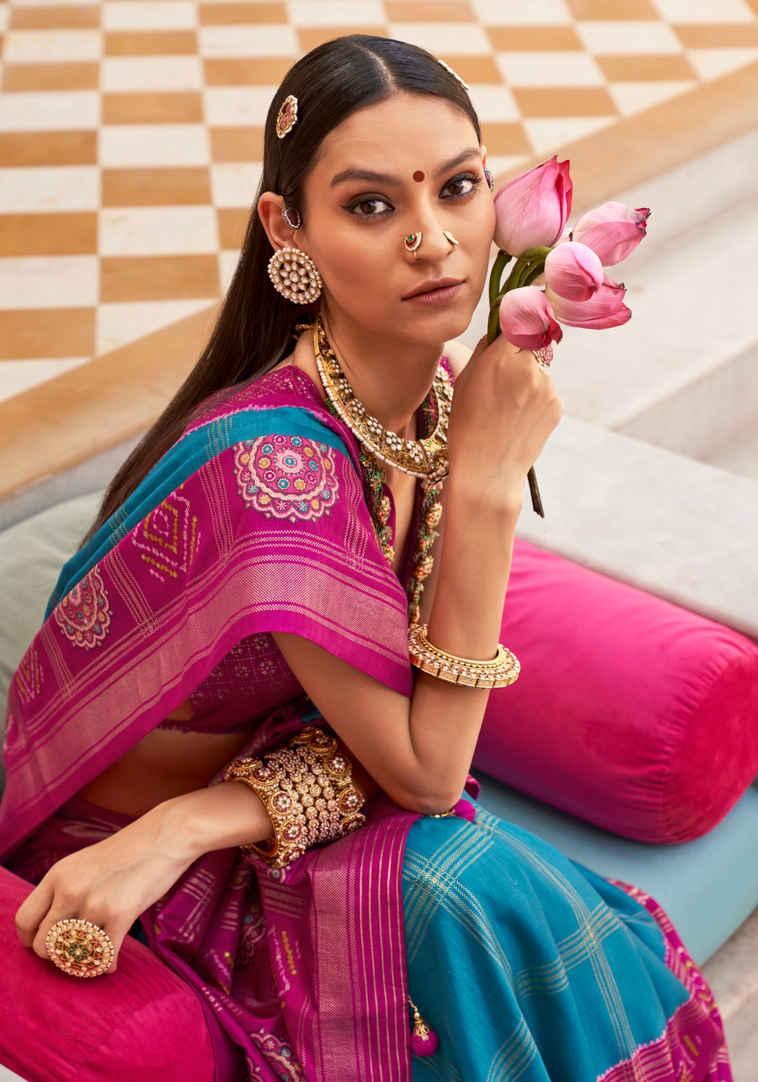 Magenta and Turquoise Super PV Silk Patola Saree