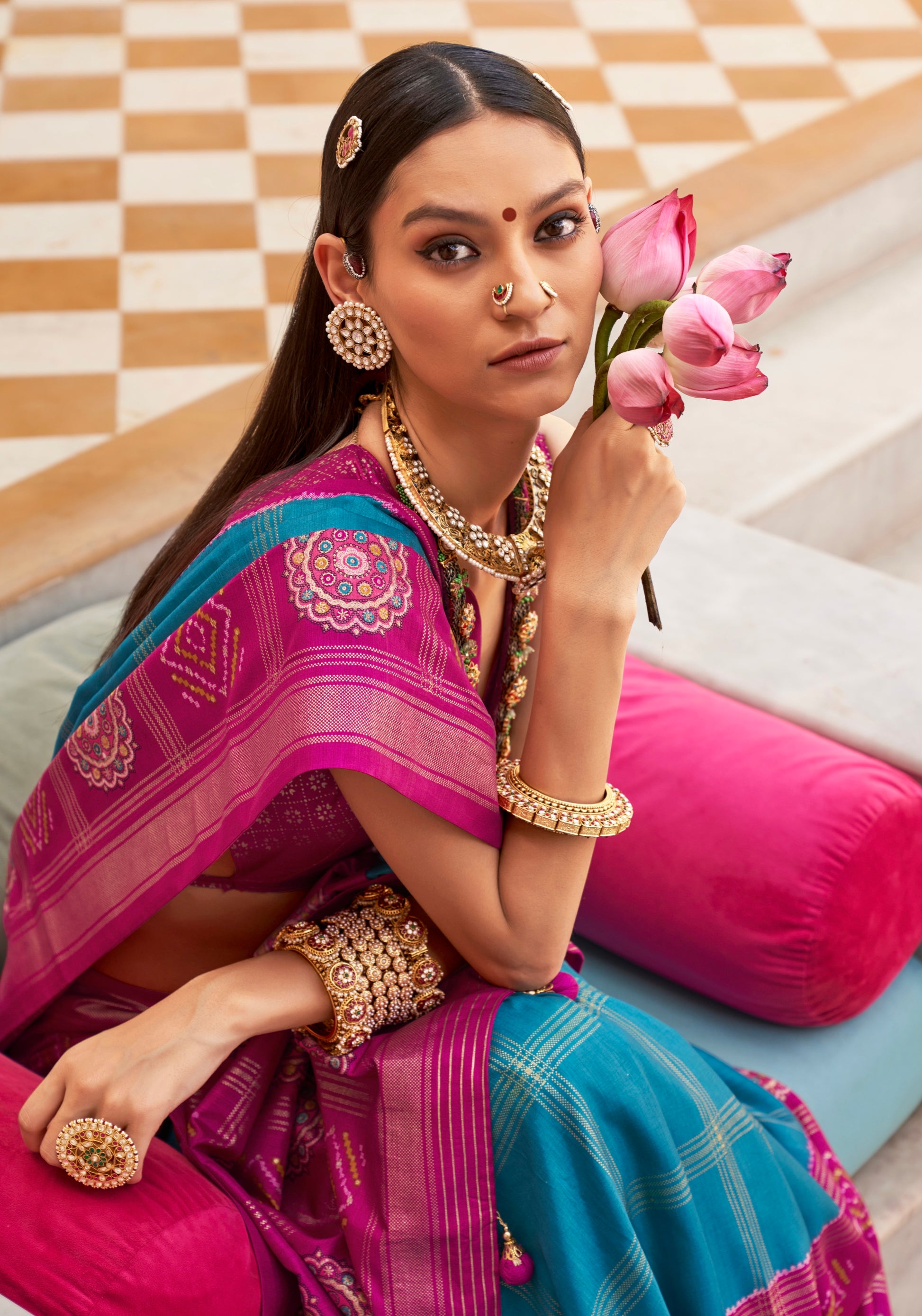 Magenta and Turquoise Super PV Silk Patola Saree