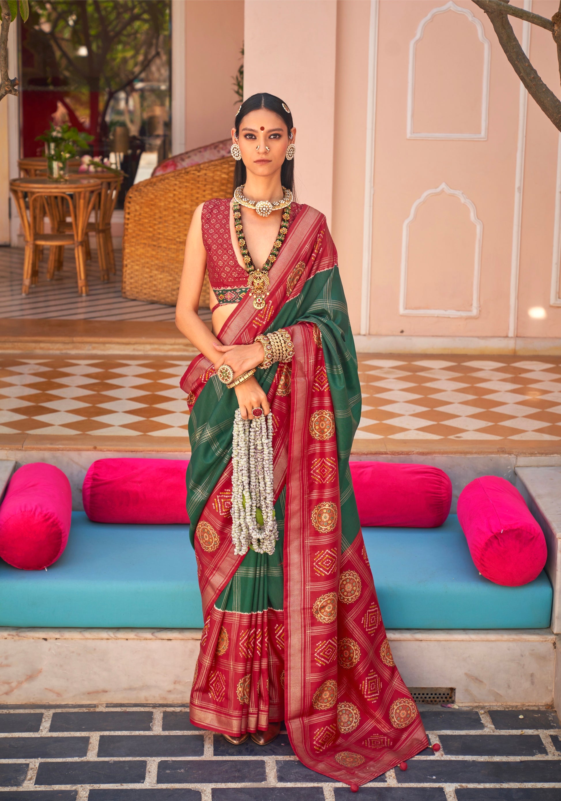 Green and Red Super PV Silk Patola Saree