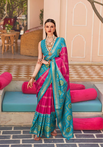 Pink and Blue Super PV Silk Patola Saree