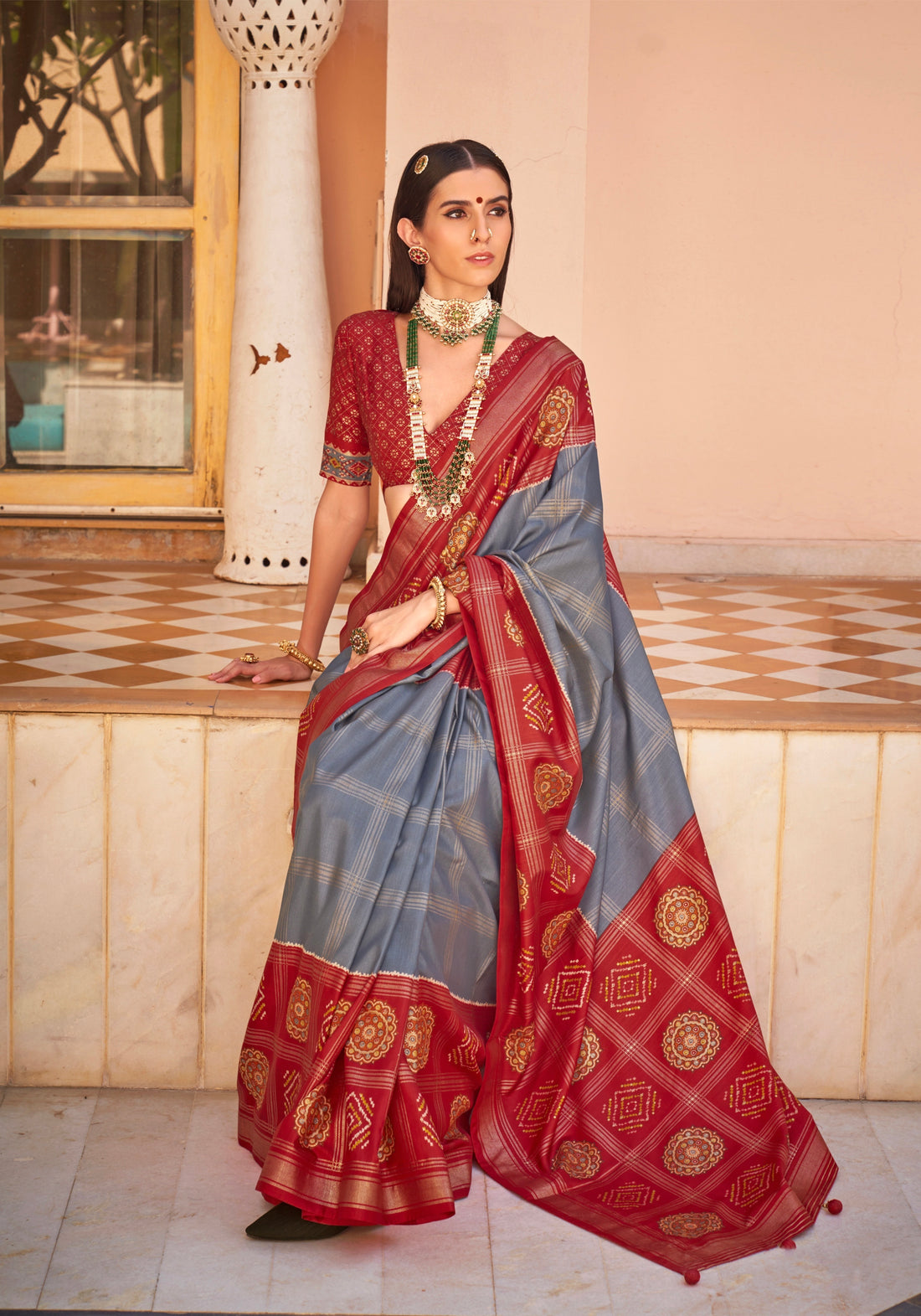 Grey and Red Super PV Silk Patola Saree