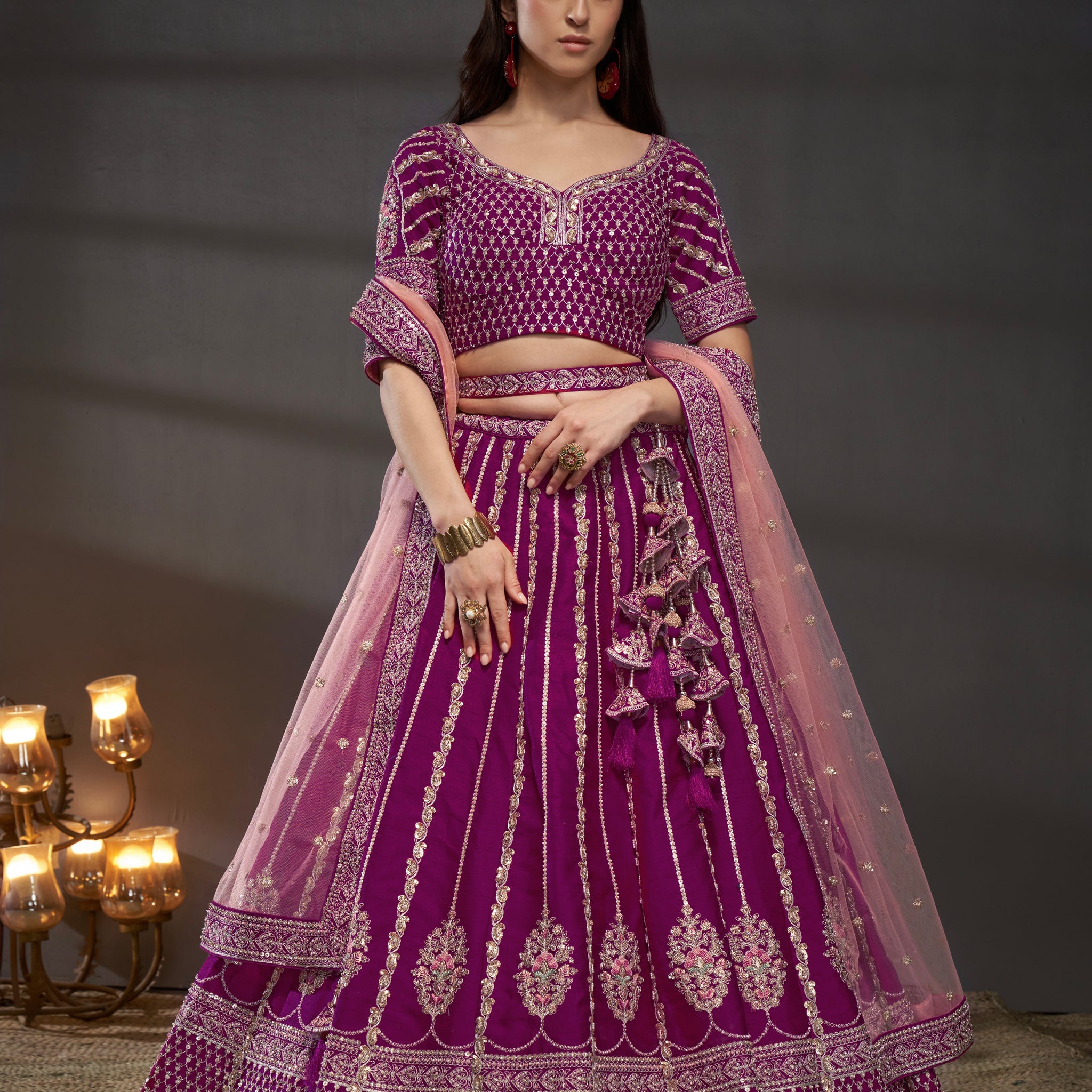 Burgundy Pure Silk & Heavy Work Embroidery Bridal Lehenga & Dupatta