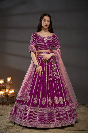 Burgundy Pure Silk & Heavy Work Embroidery Bridal Lehenga & Dupatta