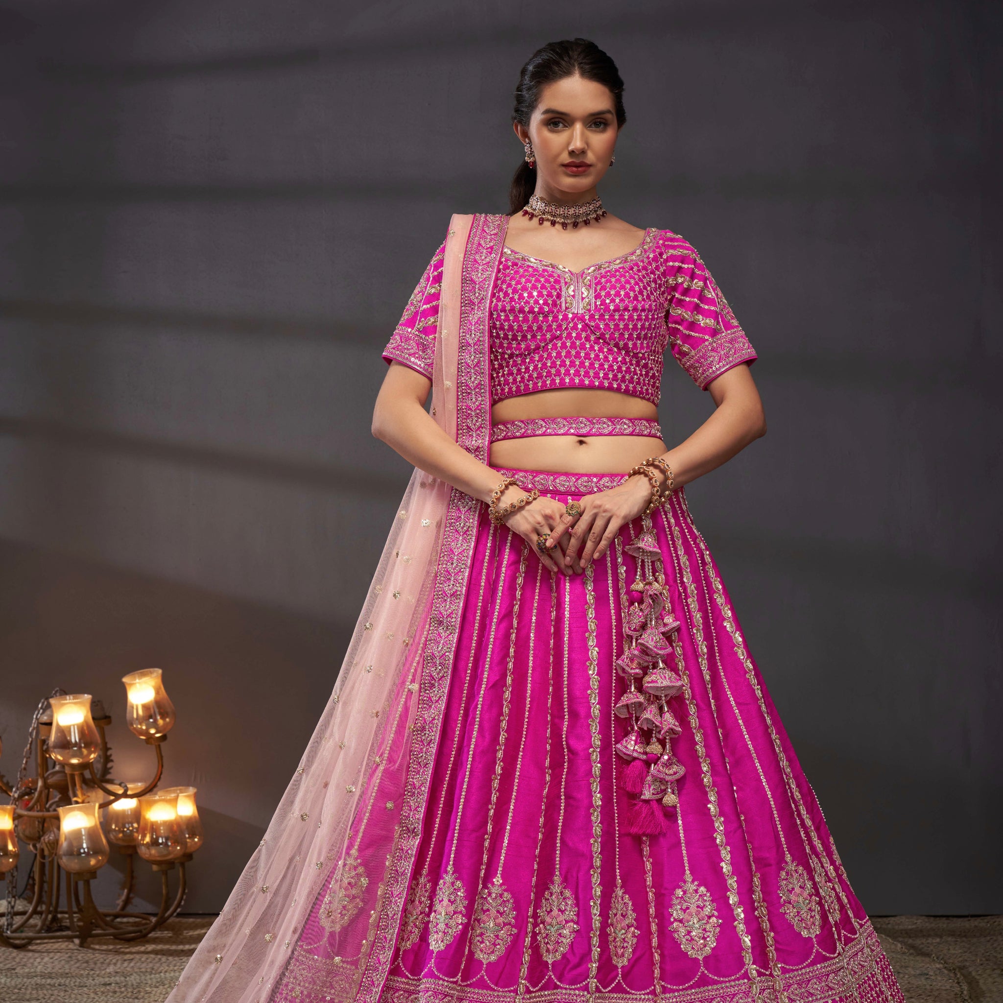 Pink Pure Silk & Heavy Embroidery Bridal Lehenga & Dupatta