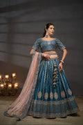 Teal Pure Silk & Heavy Embroidery Bridal Lehenga & Dupatta