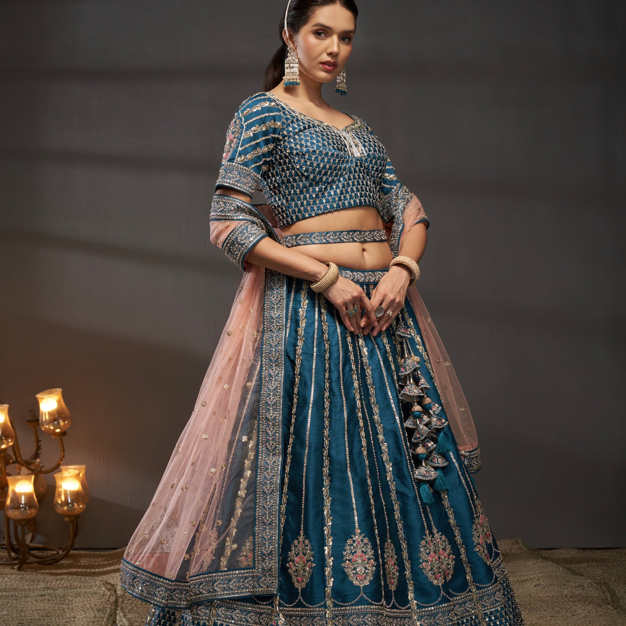 Teal Pure Silk & Heavy Embroidery Bridal Lehenga & Dupatta