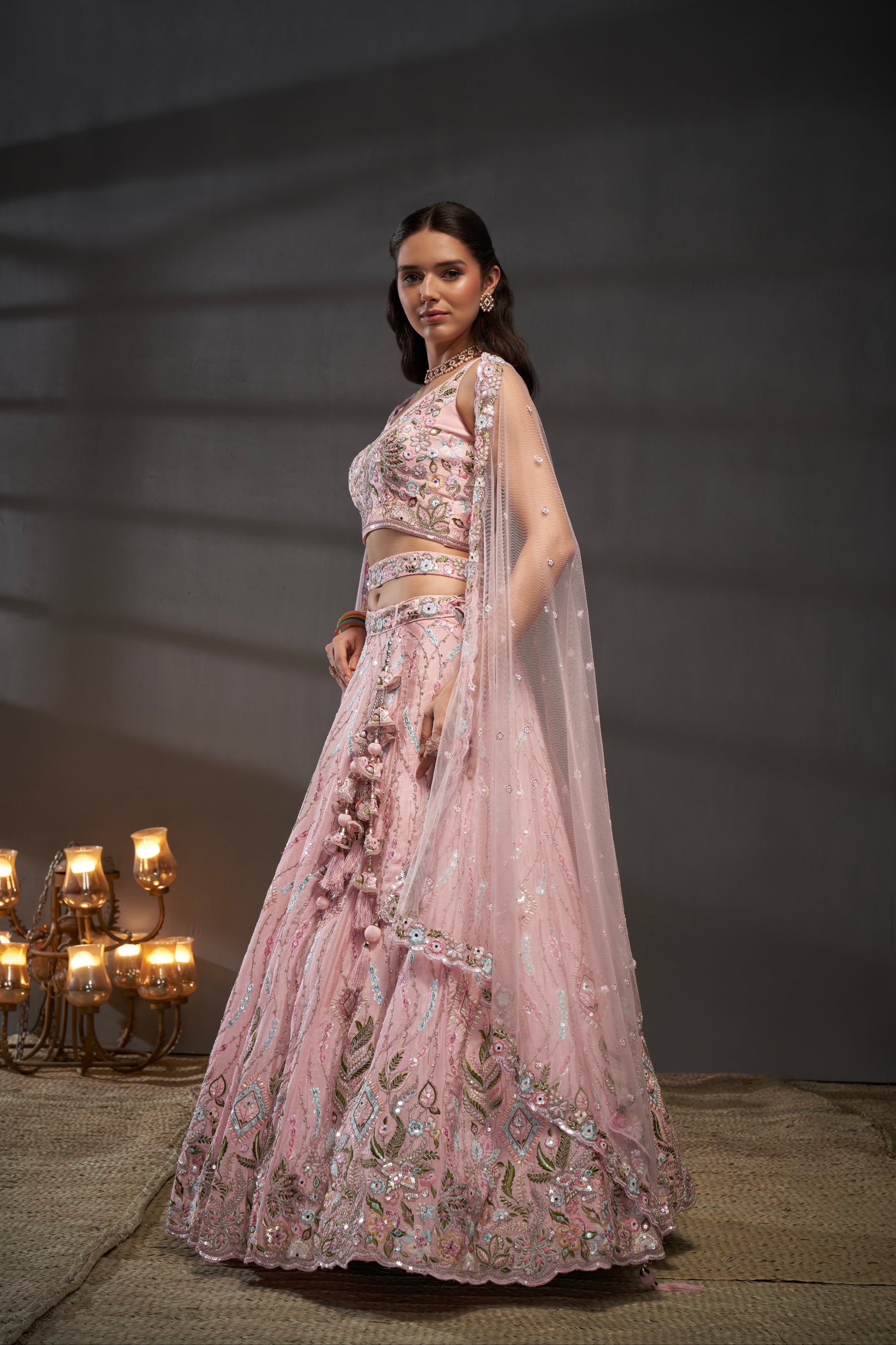 Pink Pure Chiffon & Heavy Embroidery Bridal Lehenga & Dupatta