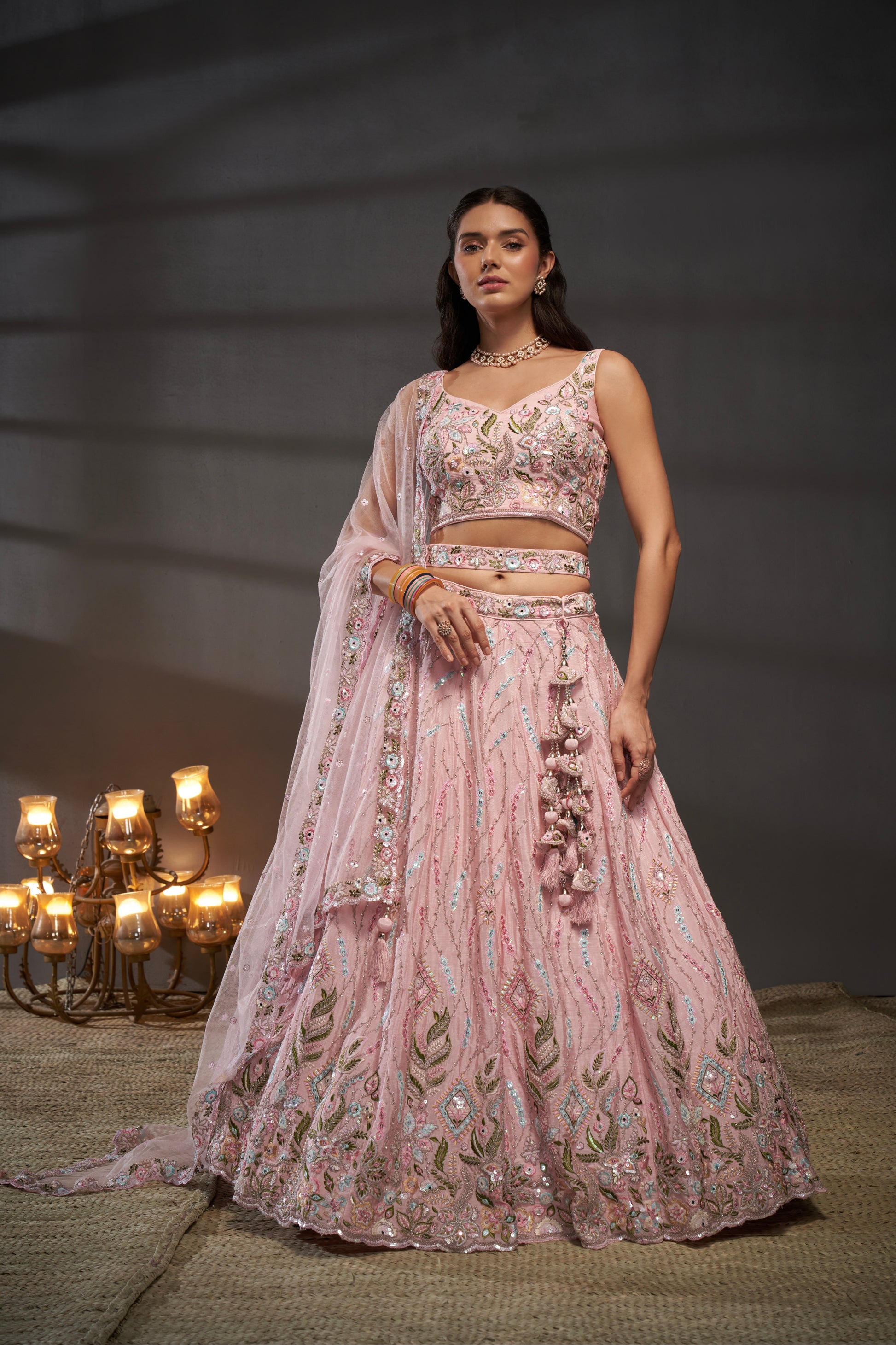 Pink Pure Chiffon & Heavy Embroidery Bridal Lehenga & Dupatta