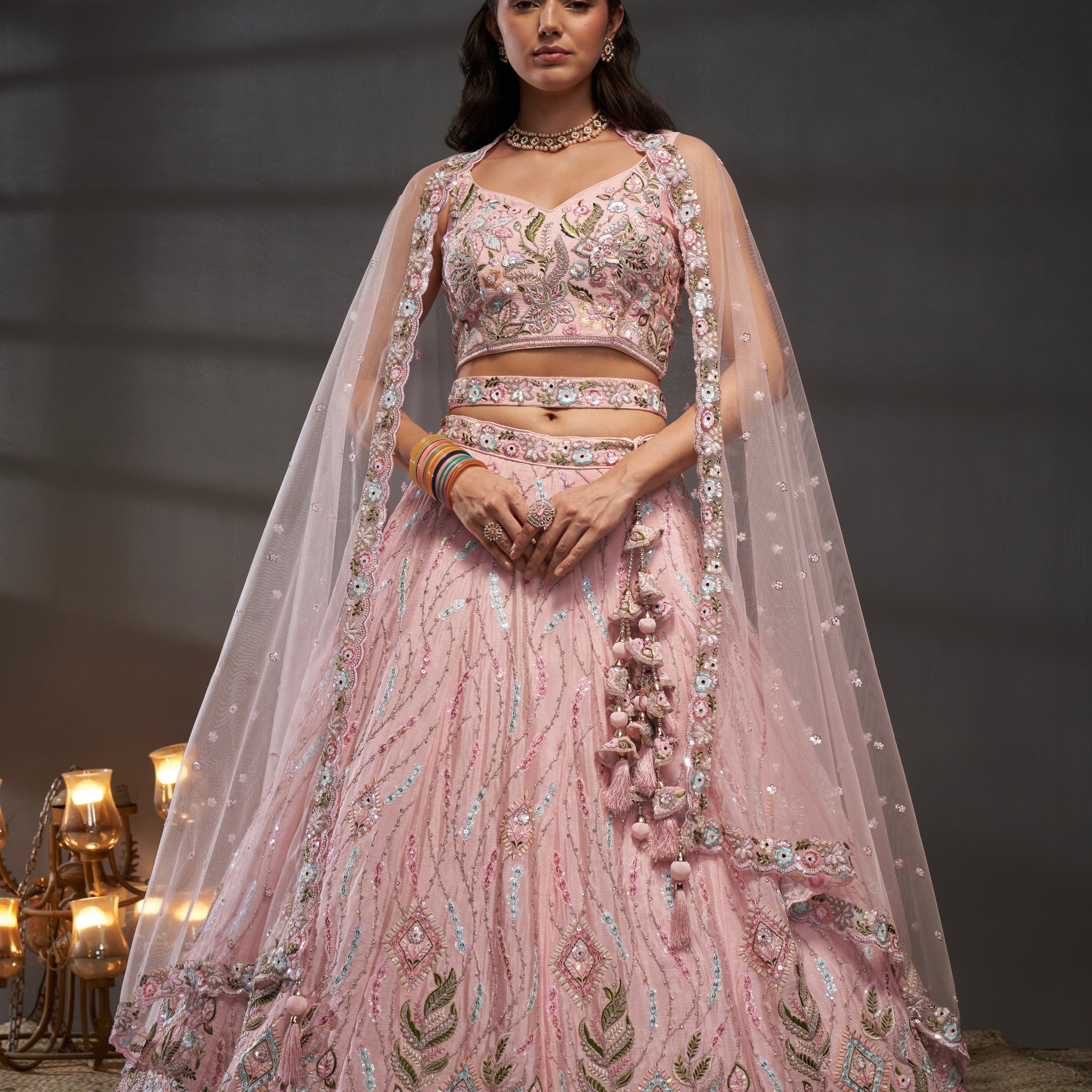 Pink Pure Chiffon & Heavy Embroidery Bridal Lehenga & Dupatta