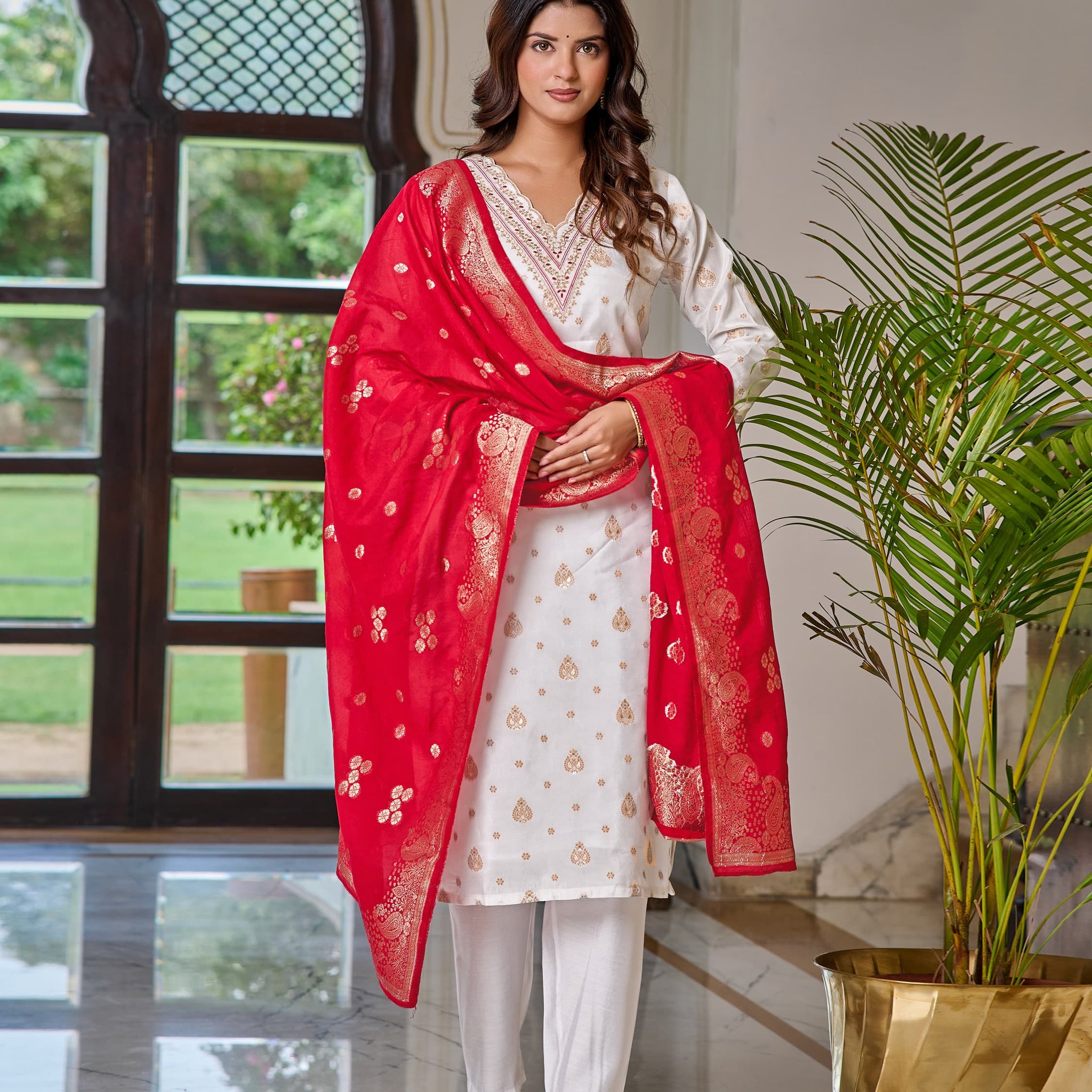 Women's White Jacquard Viscose Embroidered Straight Kurta with Gadhwal Pant and Jacquard Silk Dupatta Sets