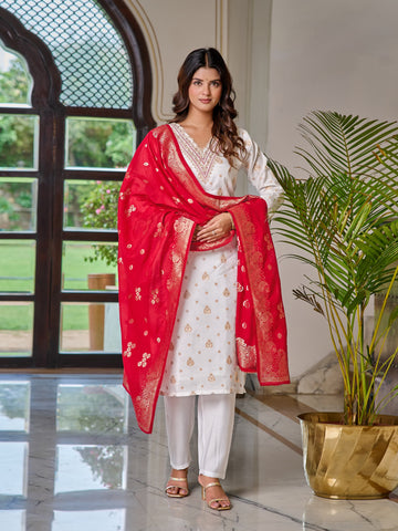 Women's White Jacquard Viscose Embroidered Straight Kurta with Gadhwal Pant and Jacquard Silk Dupatta Sets